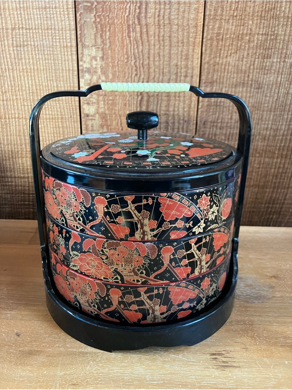 Vintage Japanese Lacquered Jabuko Bento Stacking Trays Storage Jewelry Floral